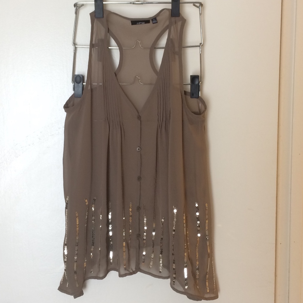 Taupe w/ Gold Sequin High-low Blouse
